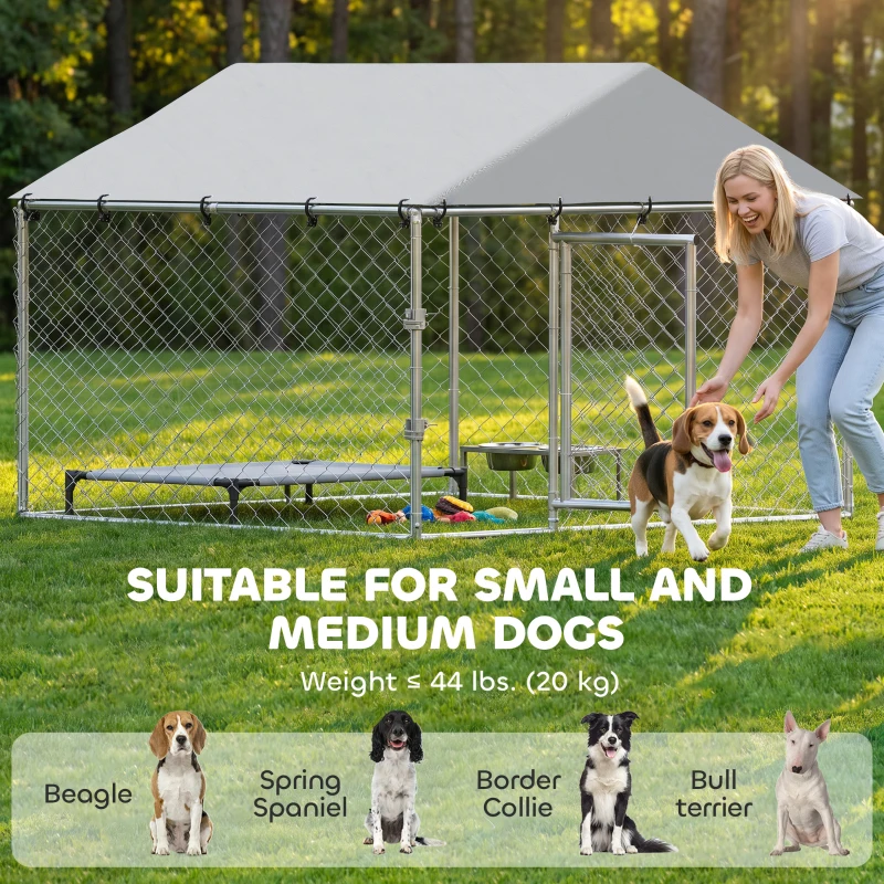 PawHut 6.6' x 6.6' x 4.9' Outdoor Dog Kennel Heavy Duty Galvanized Steel Chain Link with UV-resistant Roof, Silver