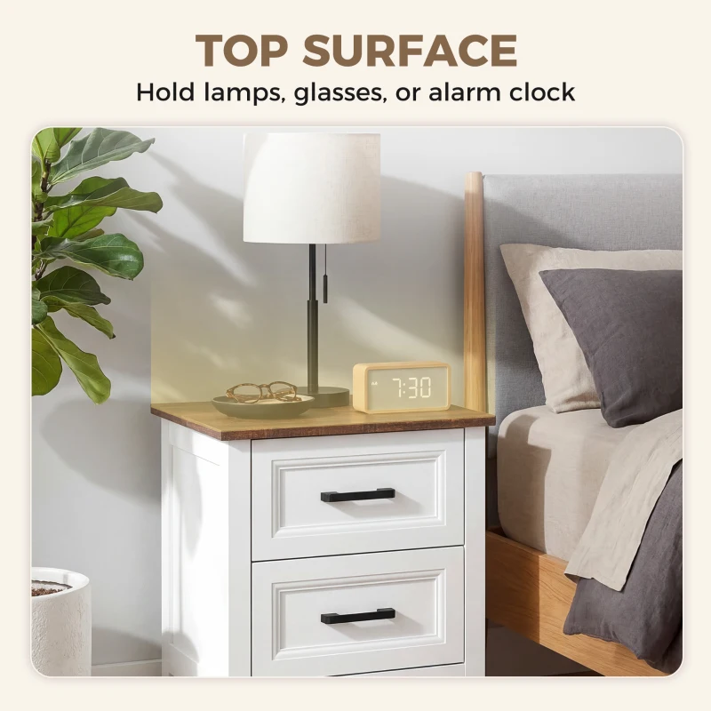 HOMCOM Farmhouse Nightstand Set of 2, Bedside Tables with 2 Drawers, Wood-Effect Top, White