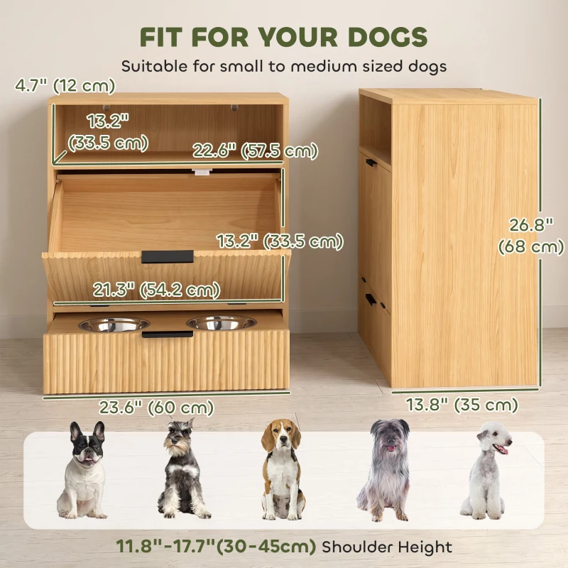 PawHut Dog Feeding Station Food Storage Container, Pet Feeding Station with 2 Pull Out Bowls, Tilt Out Storage Cabinet