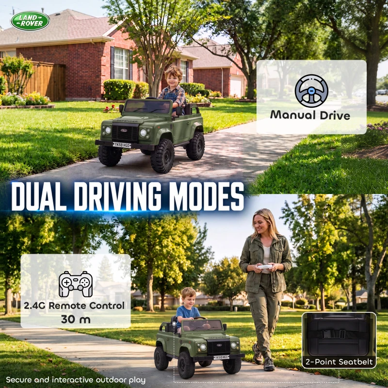 Qaba 12V Electric Car for Kids 3+ Years, Licensed Land Rover Defender Toddler Ride on Car w/ Remote Control, Green