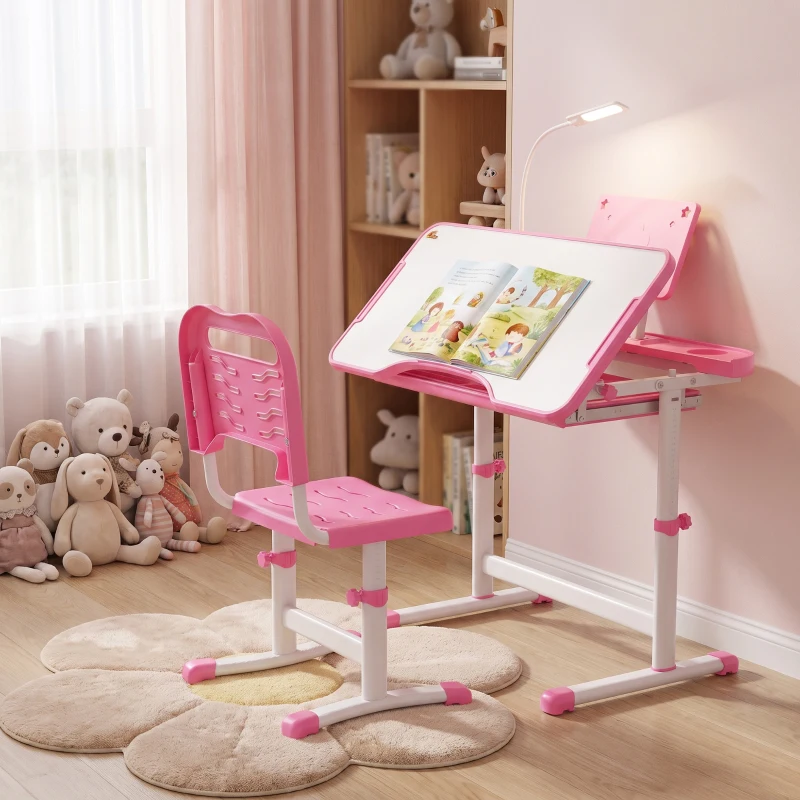 Qaba Kids Desk and Chair Set with USB Light, Storage Drawer, Pink