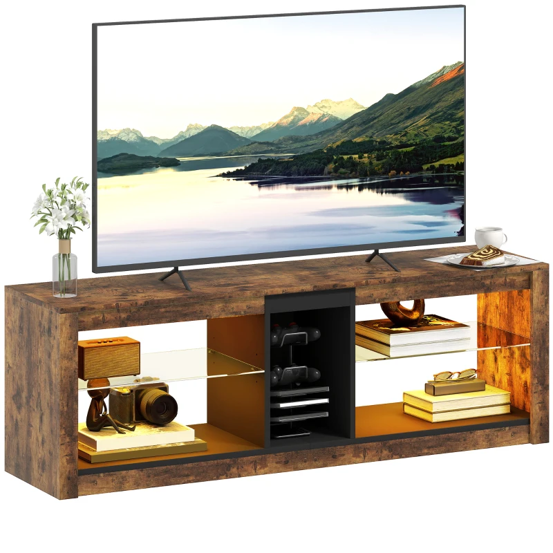 HOMCOM TV Stand Cabinet with LED Lights and Remote Control for TVs up to 65" with Storage Shelves and Compartment Rustic Brown