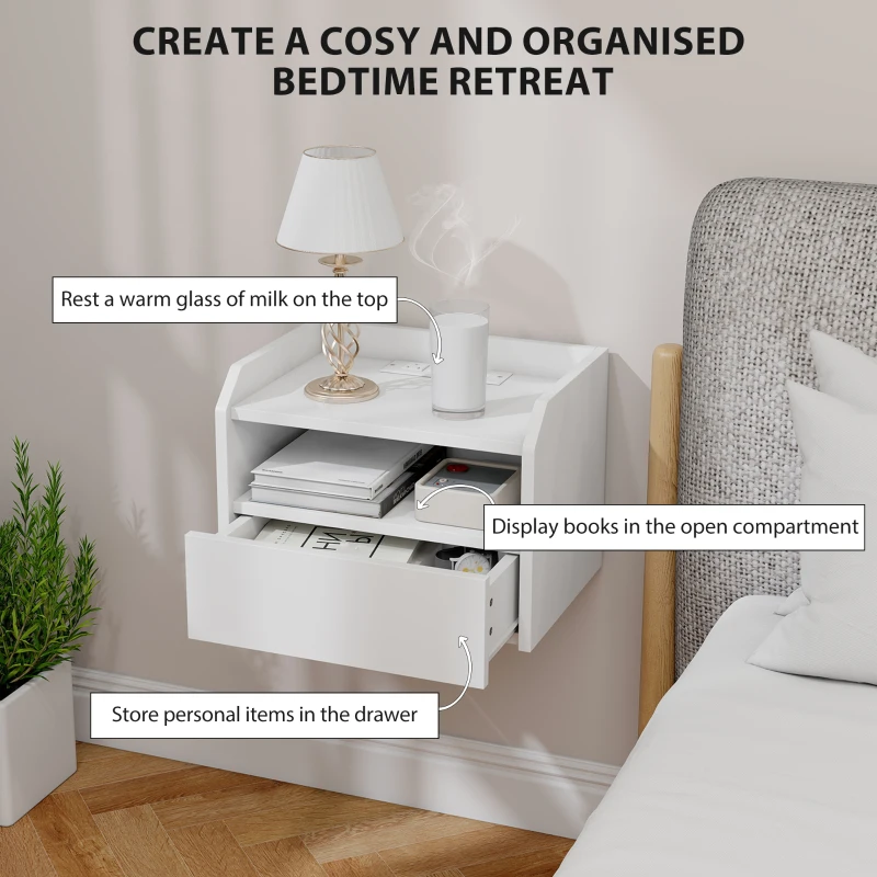 HOMCOM Wall Mounted Bedside Table, Set of 2 Floating Nightstand with Charging Station, Drawer and Open Shelf for Bedroom, White