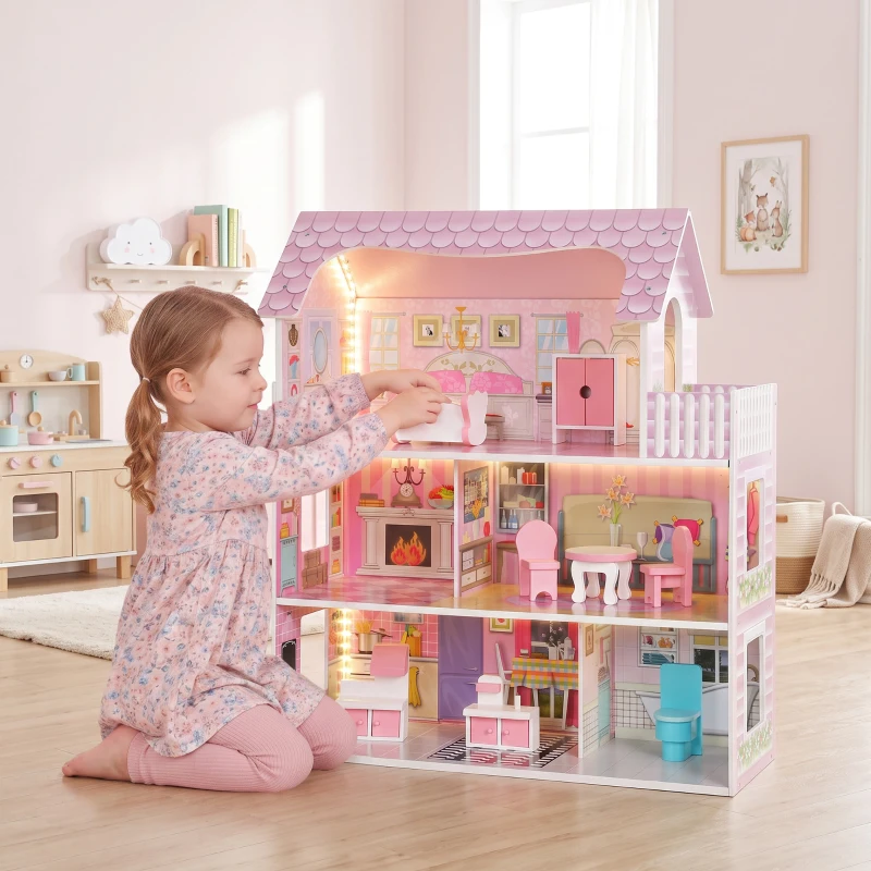 Qaba Dollhouse with 8 PCS Accessories, Dreamhouse Villa with LED Light, 3-Story Doll House with 6 Rooms for Girls 3-6 Years