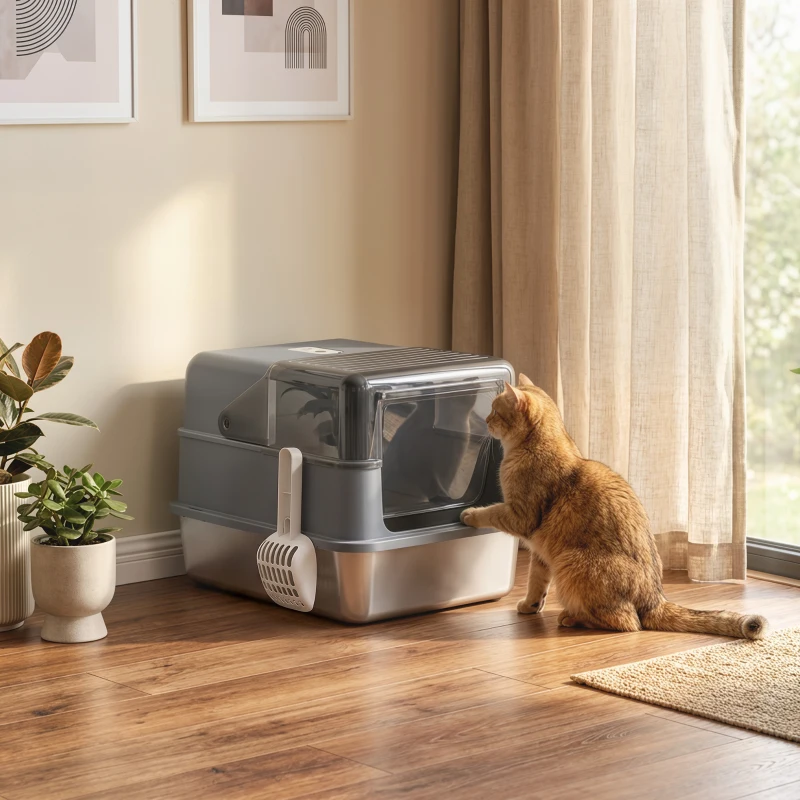 PawHut Stainless Steel Cat Litter Box with Lid, High Sided Enclosed Metal Litter Box w/ Scoop, Deodorization Bags for Cats