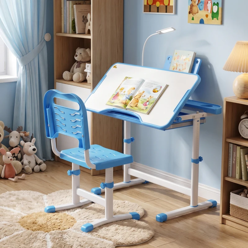 Qaba Kids Desk and Chair Set Height Adjustable Student Writing Desk Children School Study Table with Tilt Desktop, Blue