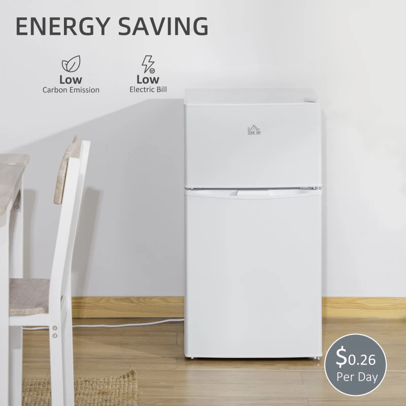 HOMCOM 3.2 Cu Ft Compact Refrigerator, Mini Fridge with Freezer, Adjustable Shelves and Reversible Doors for Bedroom, White
