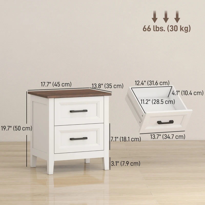 HOMCOM Farmhouse Nightstand Set of 2, Bedside Tables with 2 Drawers, Wood-Effect Top, White