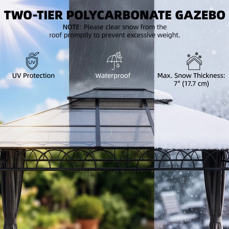 Outsunny 10' x 12' Outdoor Gazebo Canopy, Double Roof Hardtop Gazebo with Polycarbonate Roof, Steel Frame, Nettings and Curtains