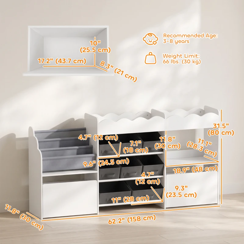 Qaba Kids Toy Storage Organizer, Kids Bookshelf with 8 Fabric Bins, 2 Rolling Drawers, Open Shelves for Kids Room, White