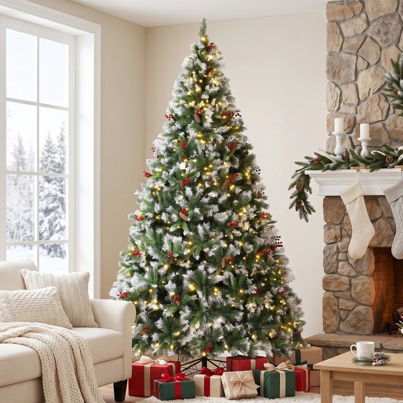 HOMCOM 9ft Flocked Prelit Christmas Tree Spruce, Dual Colour, Remote, Hinged Artificial Xmas Tree with Pinecones, Berries