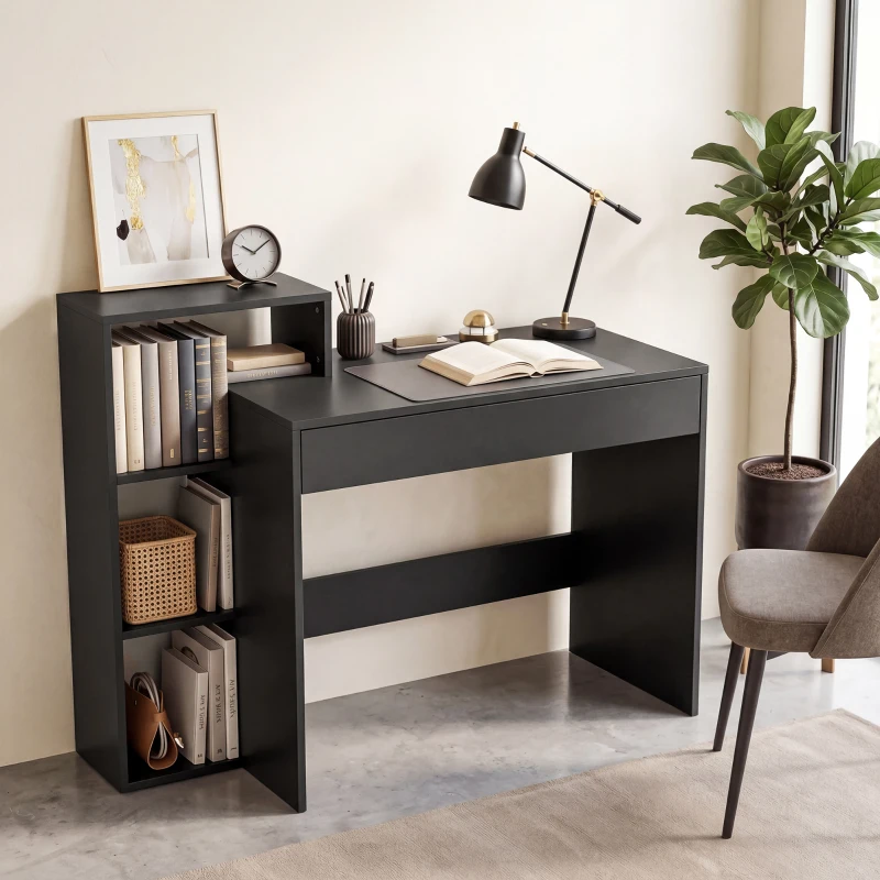 HOMCOM Desk with Storage, Computer Desk with 3 Open Shelves and Drawer Black