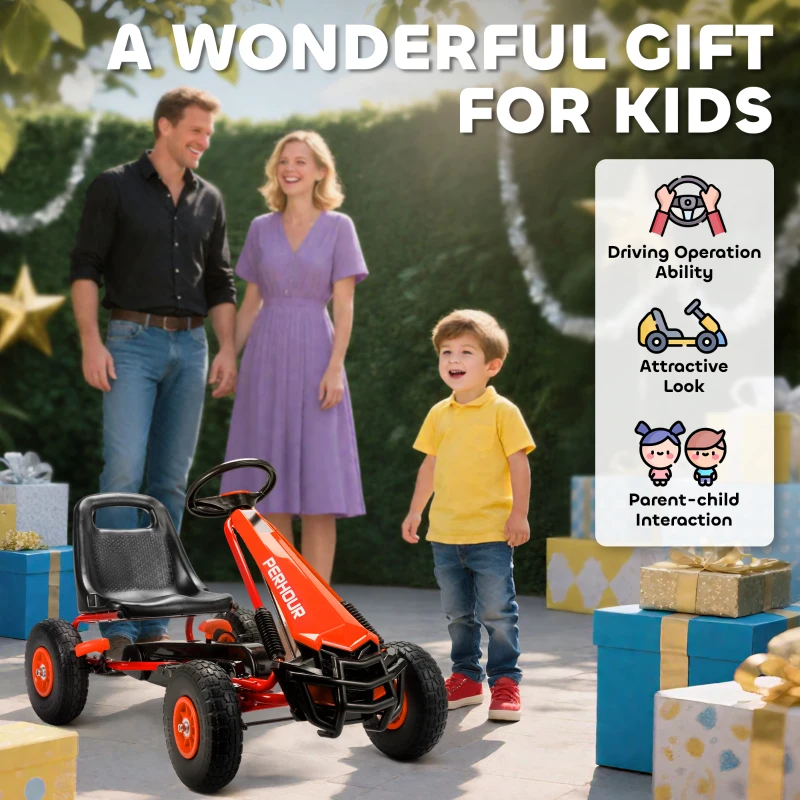 Qaba Kids Go Kart, Pedal Car with Adjustable Seat, EVA Wheels, Brake, for Boys & Girls Aged 3-8 Years Old, Red