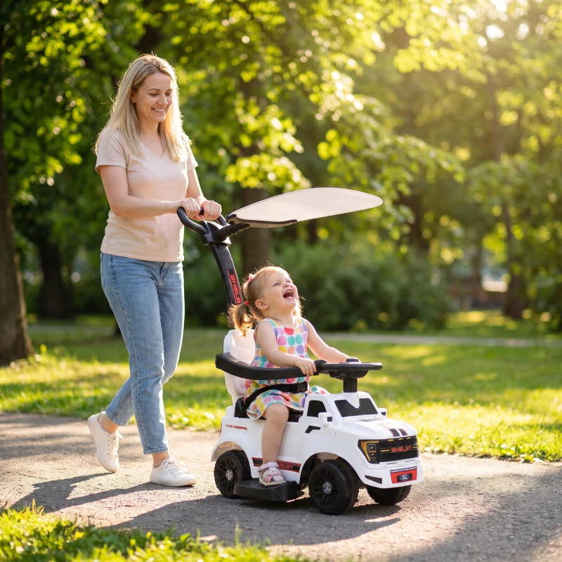 Qaba 3-in-1 Push Car for 1-3, Licensed FORD Shelby Sliding Walking Car with Parent Handle, Canopy, Guardrail, Storage, White