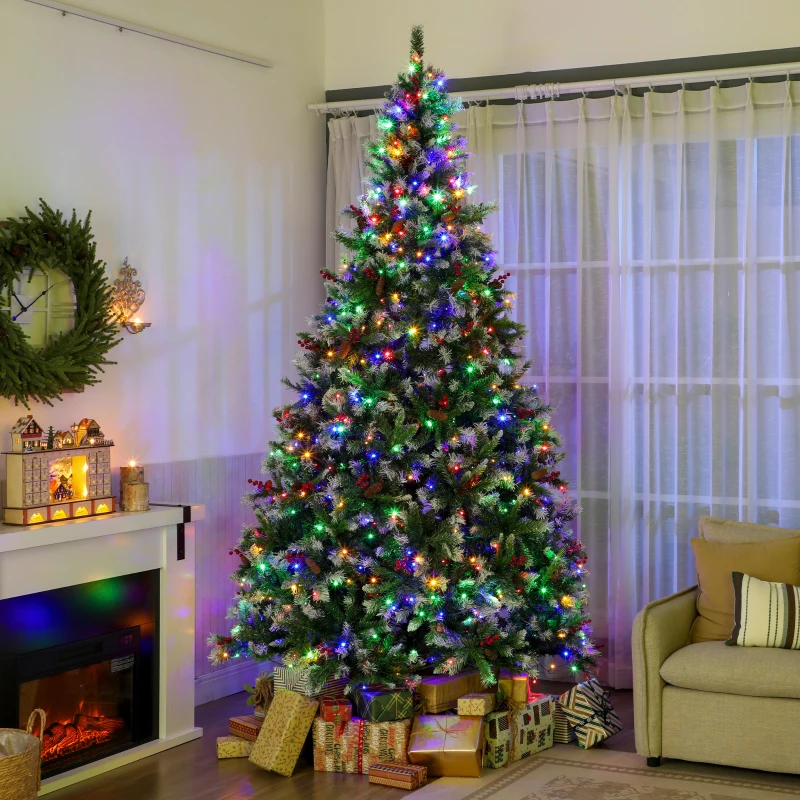 HOMCOM 9ft Flocked Prelit Christmas Tree Spruce, Dual Colour, Remote, Hinged Artificial Xmas Tree with Pinecones, Berries