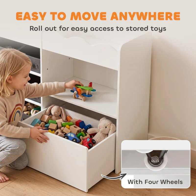 Qaba Kids Toy Storage Organizer, Kids Bookshelf with 8 Fabric Bins, 2 Rolling Drawers, Open Shelves for Kids Room, White