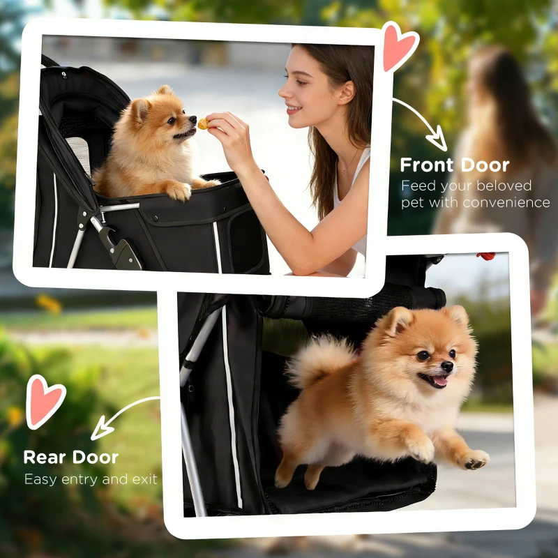 PawHut Pet Stroller with Reflective Strips, Foldable Cat Stroller with 360° Swivel Wheels for Small Dogs and Cats, Black
