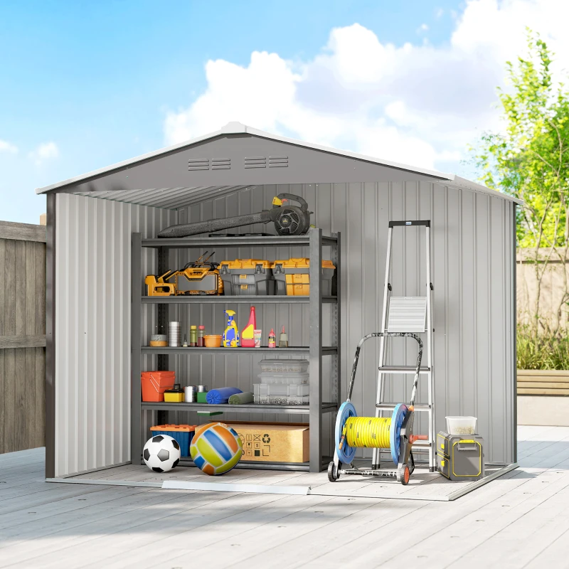 Outsunny 8' x 6' Outdoor Storage Shed, Metal Garden Tool Storage House with Lockable Sliding Doors and Vents, Light Grey