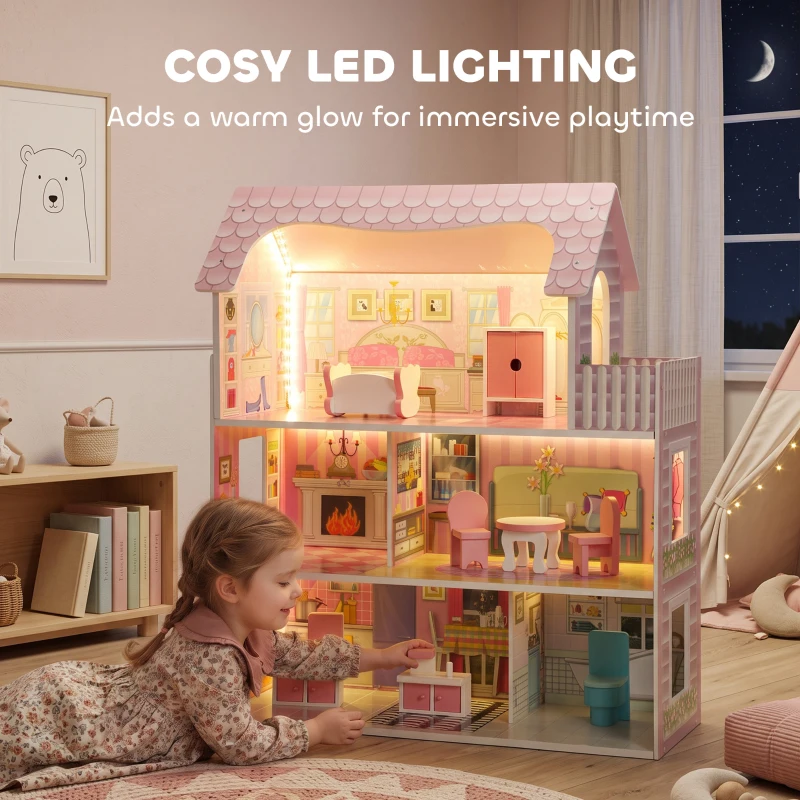 Qaba Dollhouse with 8 PCS Accessories, Dreamhouse Villa with LED Light, 3-Story Doll House with 6 Rooms for Girls 3-6 Years