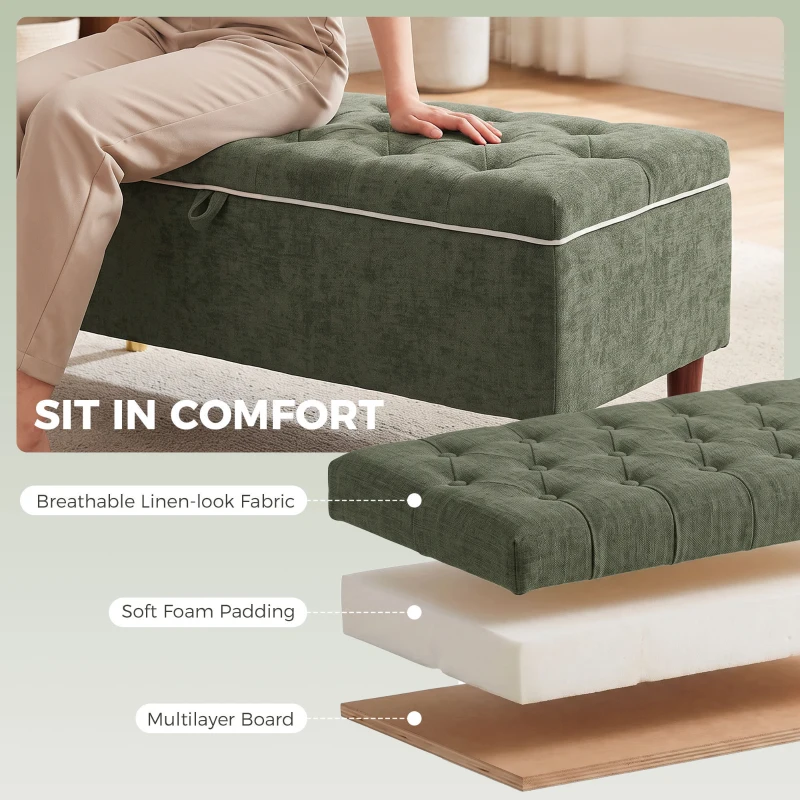 HOMCOM Storage Ottoman Bench, Linen-Look Upholstered Seat, 264 LBS Capacity, End of Bed Bench, Green