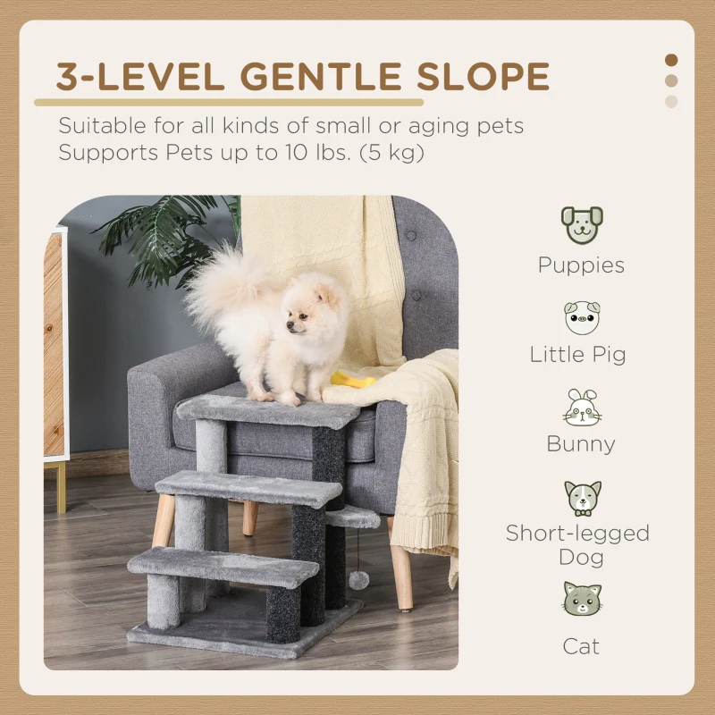 PawHut Cat Stairs for Bed, Couch 3 Steps, Small Cat Tree for Indoor Cats with Scratching Posts Toy Ball, 17.5" x 15.5" x 19"