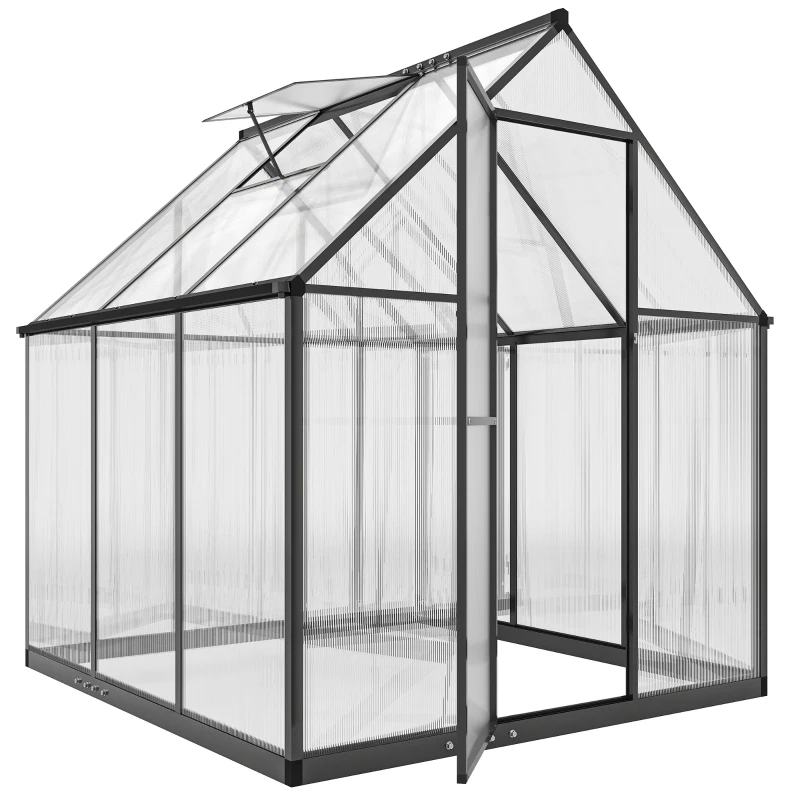 Outsunny 6 x 5.5ft Polycarbonate Greenhouse, Quick Setup Walk-in Greenhouse, Swing Door, Adjustable Roof Vent, Rain Gutter, Black