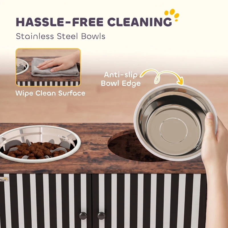 PawHut Raised Dog Bowls with Storage, Slow Feeder,  2 Stainless Steel Food and Water Bowl Non-Slip, Rustic Brown