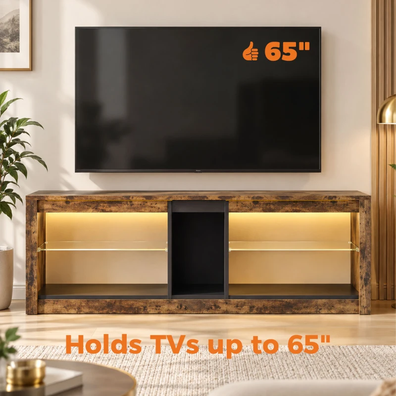 HOMCOM TV Stand Cabinet with LED Lights and Remote Control for TVs up to 65" with Storage Shelves and Compartment Rustic Brown