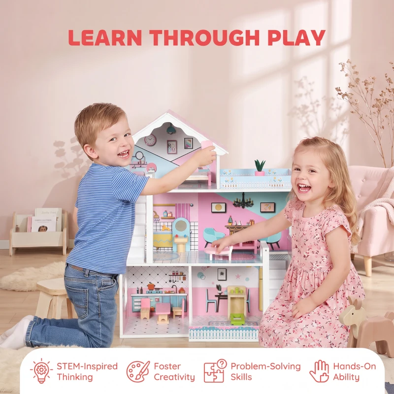 Qaba Wooden Doll House, Large 3-Storey Modern Dollhouse with 6 Rooms and 10 Accessories, for Girls Boys 3-6 Years, Pink