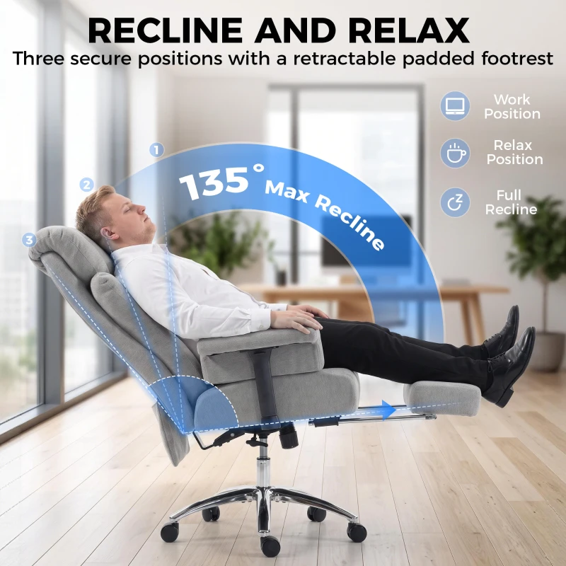 HOMCOM 550lbs Big and Tall Office Chair, Heavy Duty Executive Desk Chair with Adjustable Padded Armrests and High Back, Grey