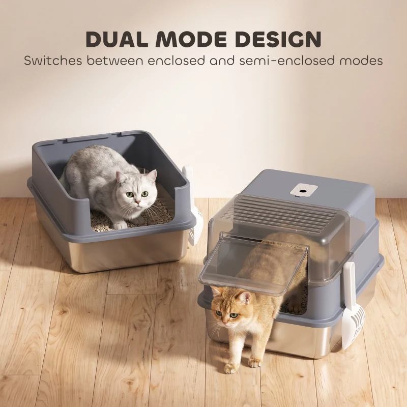PawHut Stainless Steel Cat Litter Box with Lid, High Sided Enclosed Metal Litter Box w/ Scoop, Deodorization Bags for Cats