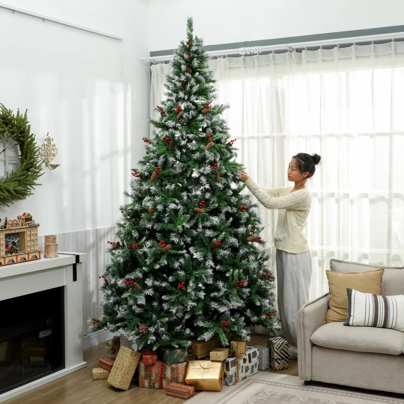 HOMCOM 9ft Flocked Prelit Christmas Tree Spruce, Dual Colour, Remote, Hinged Artificial Xmas Tree with Pinecones, Berries