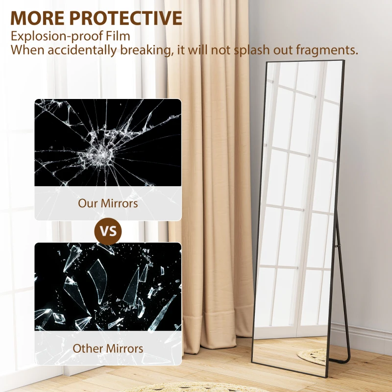 HOMCOM 64"x20" Full Length Mirror, Tempered Glass Floor Mirror with Stand, Standing, Hanging or Leaning Against Wall, Black