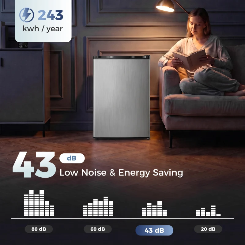 HOMCOM 3.2 Cu Ft Mini Fridge with Chiller Box, Single Door Compact Refrigerator, Adjustable Thermostat, Reversible Door, Silver