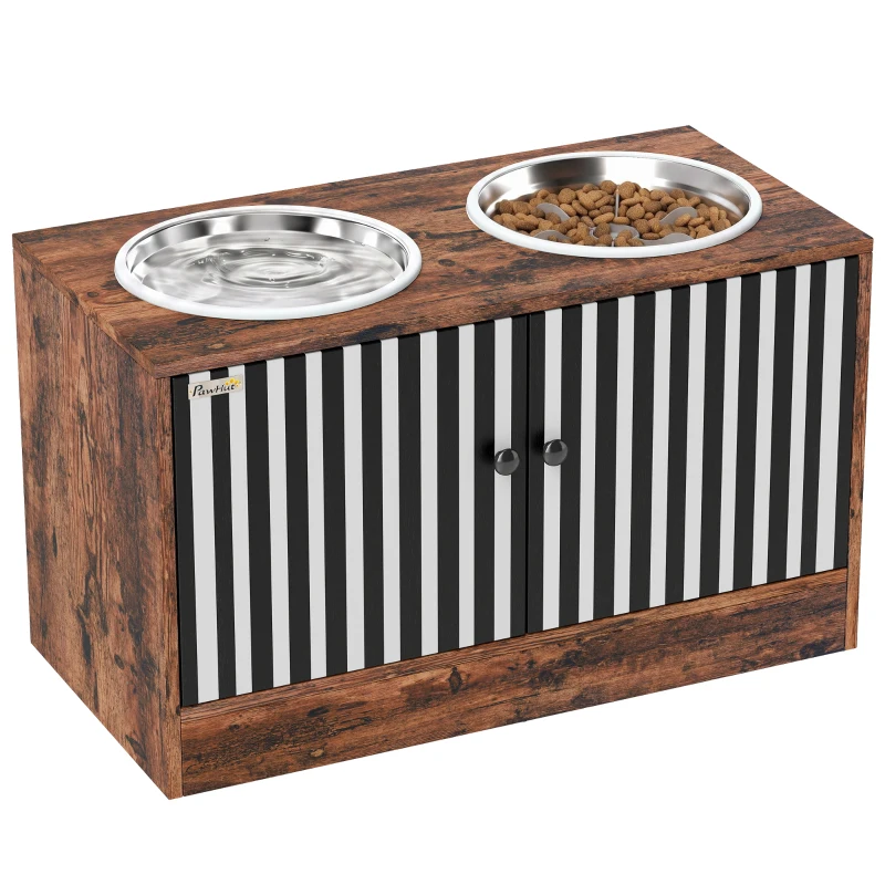 PawHut Raised Dog Bowls with Storage, Slow Feeder,  2 Stainless Steel Food and Water Bowl Non-Slip, Rustic Brown