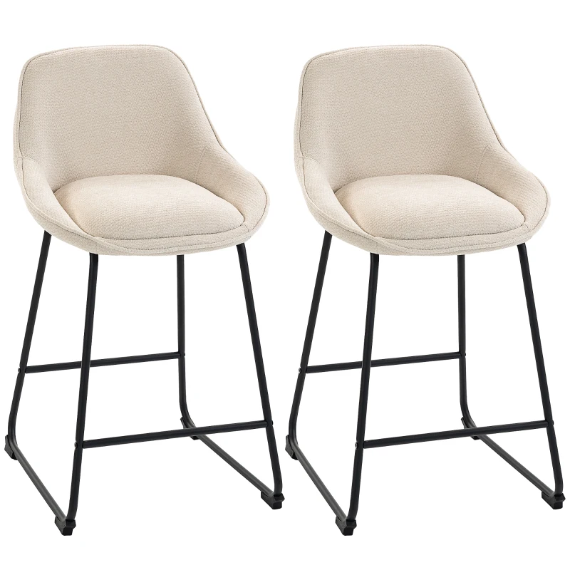HOMCOM Bar Stools Set of 2 Chenille Barstools Counter Height Bar Chairs Backrest Footrest Cream White