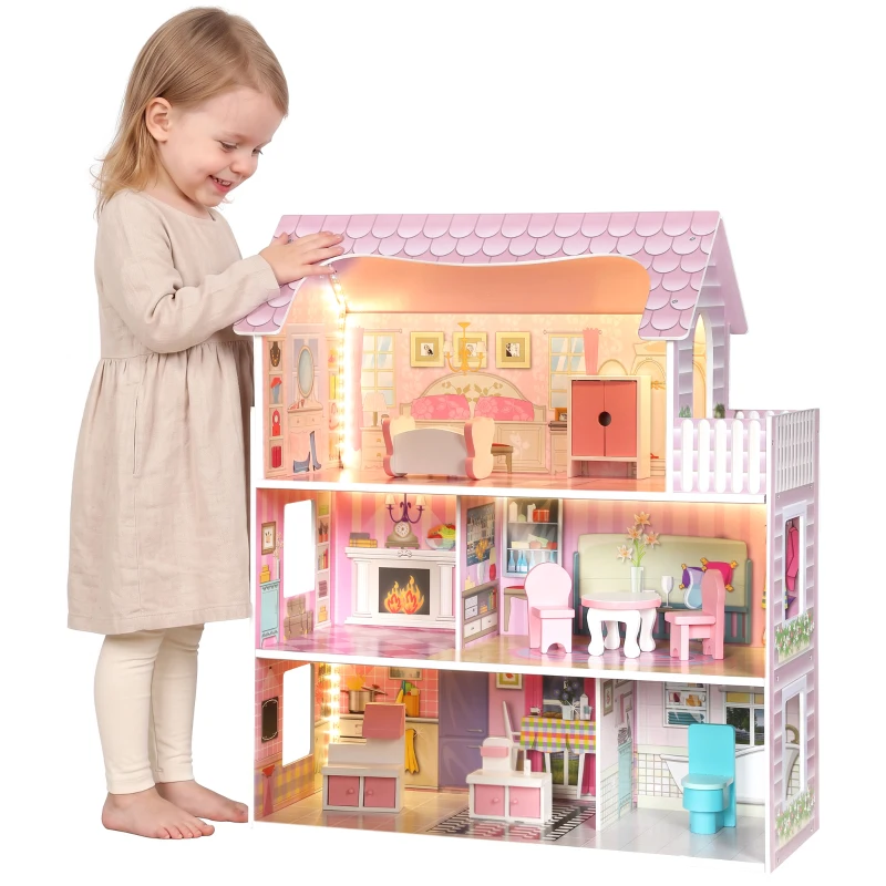 Qaba Dollhouse with 8 PCS Accessories, Dreamhouse Villa with LED Light, 3-Story Doll House with 6 Rooms for Girls 3-6 Years