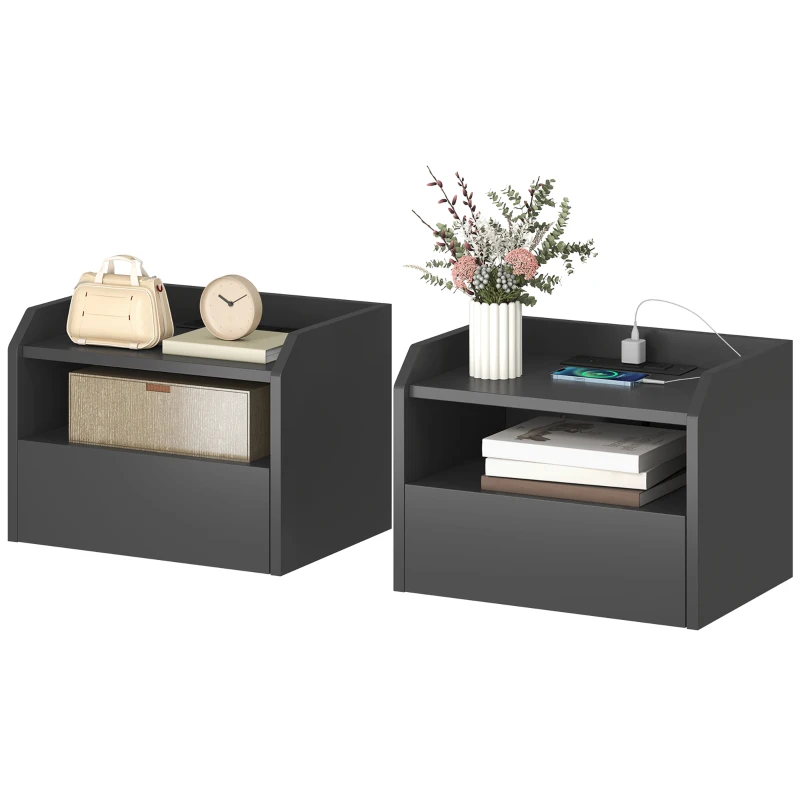 HOMCOM Wall Mounted Bedside Table, Set of 2 Floating Nightstand with Charging Station, Drawer and Open Shelf for Bedroom, Black