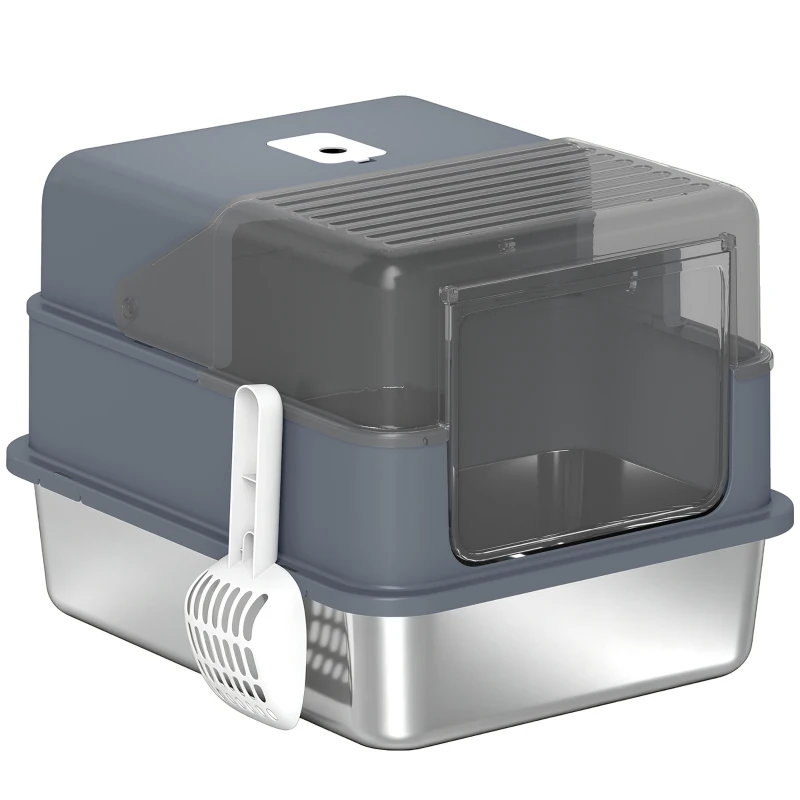 PawHut Stainless Steel Cat Litter Box with Lid, High Sided Enclosed Metal Litter Box w/ Scoop, Deodorization Bags for Cats