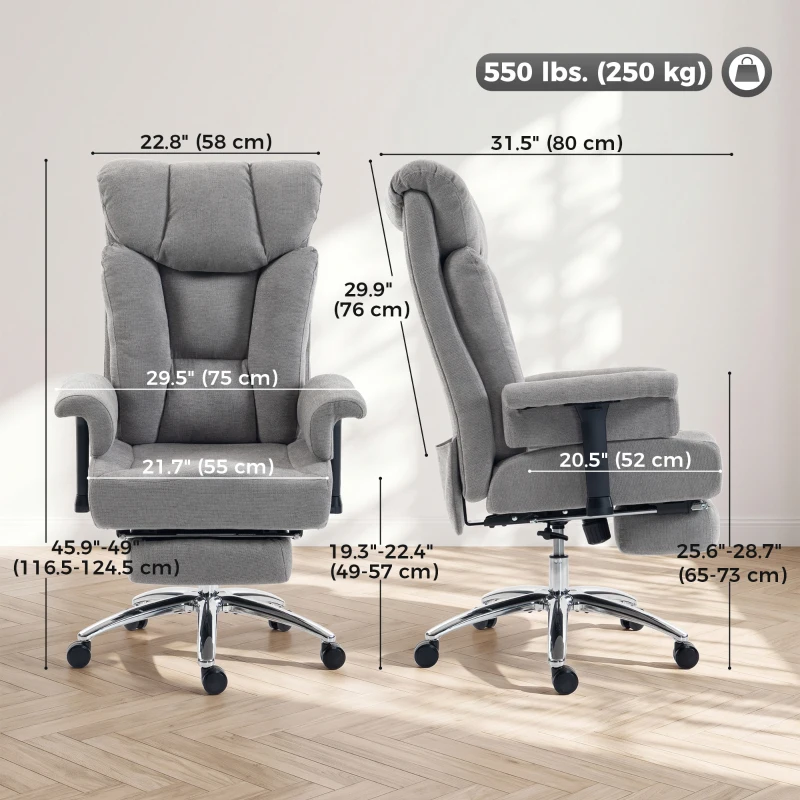 HOMCOM 550lbs Big and Tall Office Chair, Heavy Duty Executive Desk Chair with Adjustable Padded Armrests and High Back, Grey