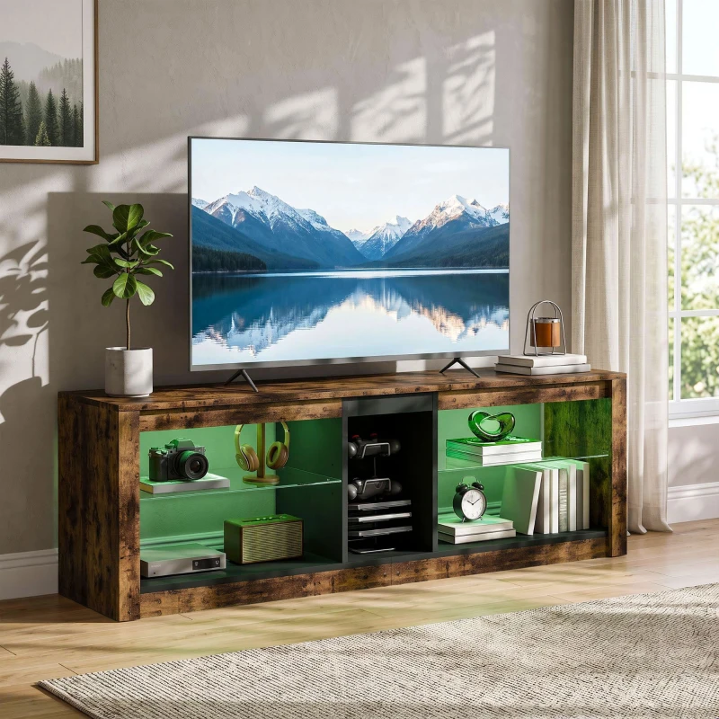 HOMCOM TV Stand Cabinet with LED Lights and Remote Control for TVs up to 65" with Storage Shelves and Compartment Rustic Brown