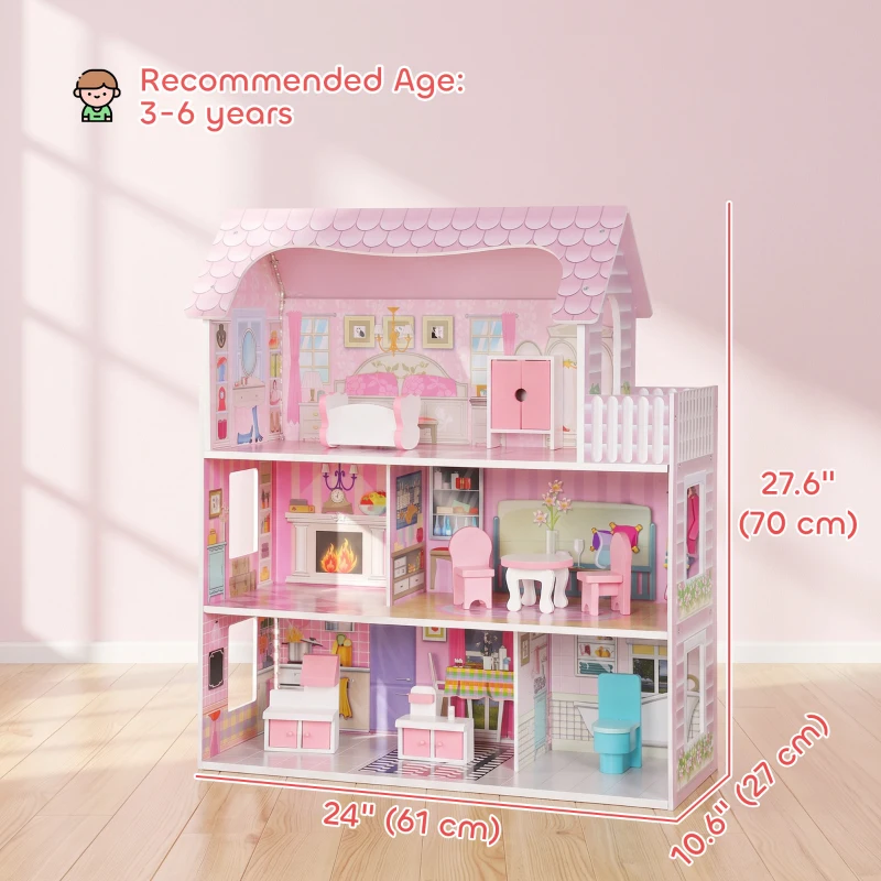 Qaba Dollhouse with 8 PCS Accessories, Dreamhouse Villa with LED Light, 3-Story Doll House with 6 Rooms for Girls 3-6 Years
