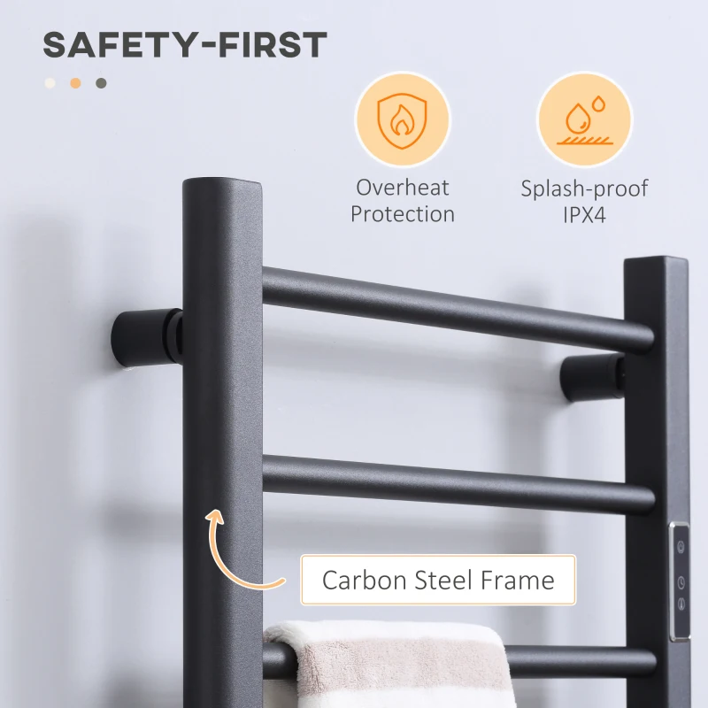 HOMCOM 8-Bar Heated Towel Warmer Rack with Built-in Timer and LED Indicators, Wall Mounted & Free Standing Carbon Steel Electric Towel Bar with Adjustable Temperature, Black