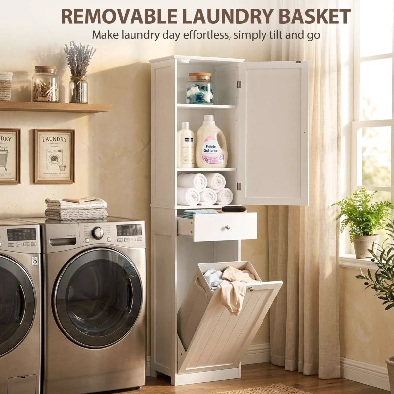 HOMCOM 71" Tall Bathroom Storage Cabinet, Freestanding Narrow Bathroom Cabinet with Tilt-out Laundry Basket, White