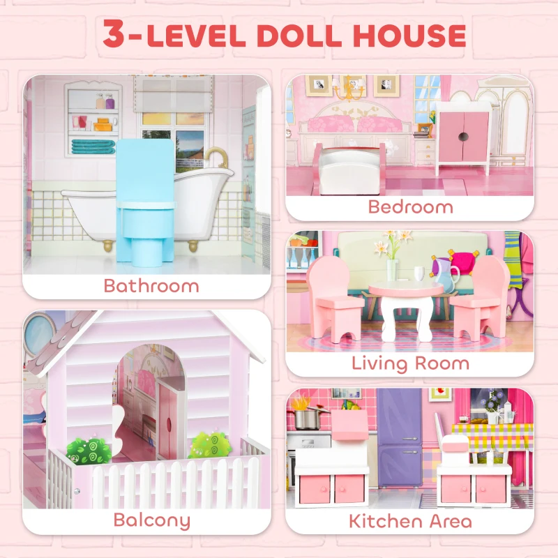 Qaba Dollhouse with 8 PCS Accessories, Dreamhouse Villa with LED Light, 3-Story Doll House with 6 Rooms for Girls 3-6 Years