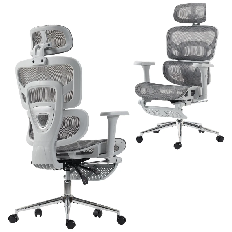 HOMCOM Ergonomic Office Chair with Lumbar Support, 2D Headrest, Mesh Reclining Desk Chair with Footrest, Swivel Wheels, Grey