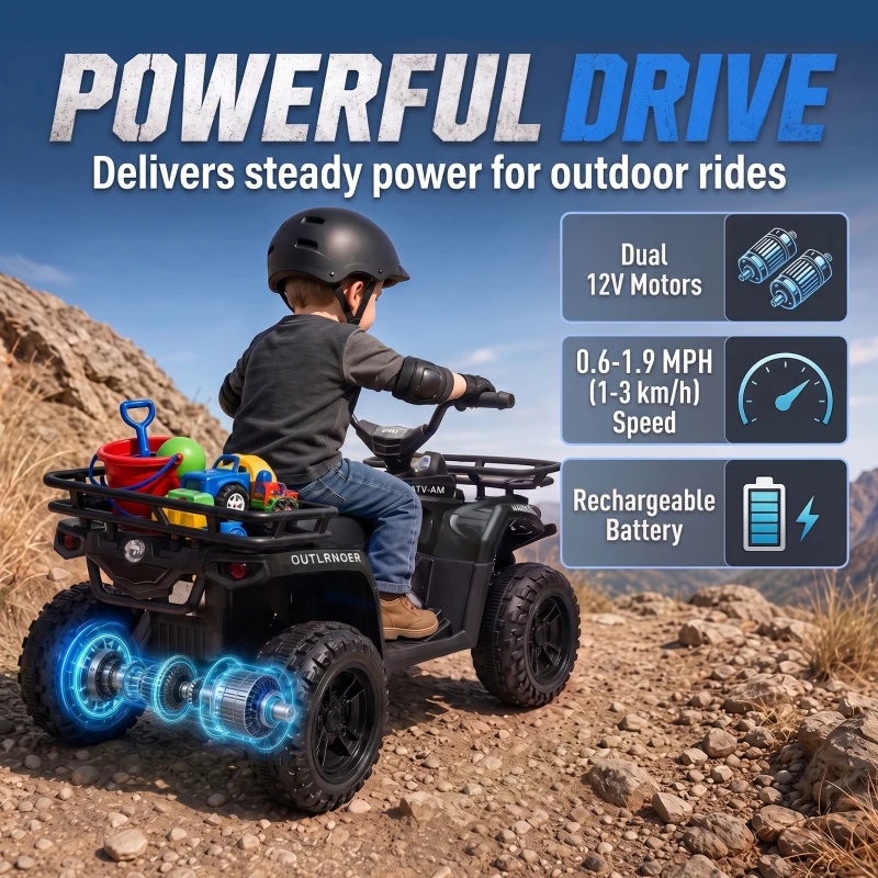 Qaba 12V Kids ATV, Electric Ride On Quad with Dual Motors, Soft Start, Battery Display, Music, Lights for 3-8 Years, Black