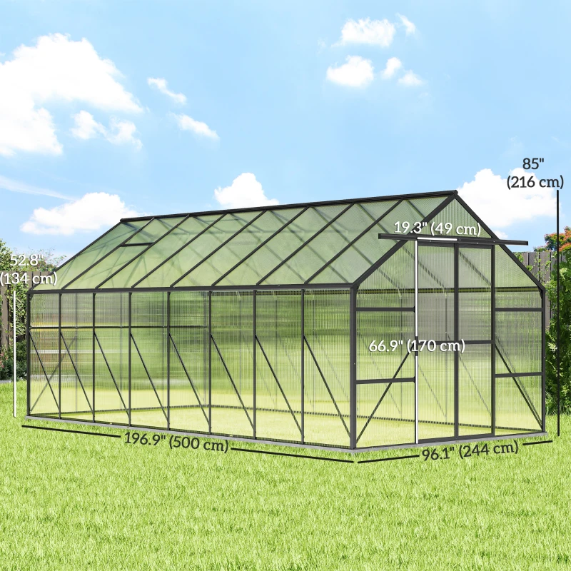 Outsunny Aluminum Greenhouse Polycarbonate Walk-in Garden Greenhouse Kit with Rain Gutter and Sliding Door, 16' x 8', Dark Grey
