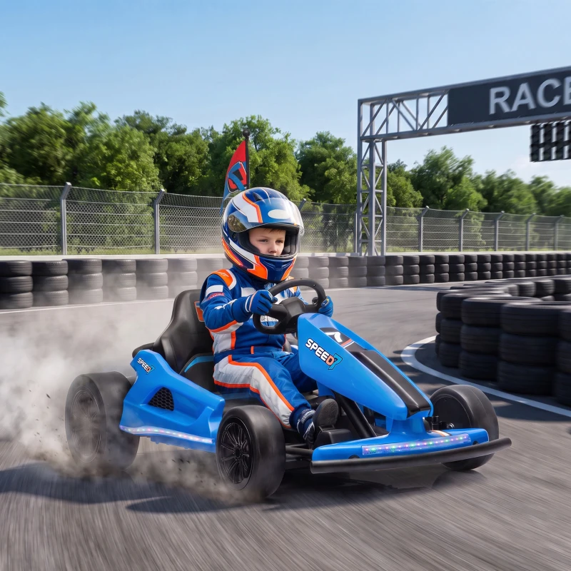 Qaba 24V Electric Drift Go Kart for Kids with Dual Motors, Soft Start, PU Wheels, 7.5MPH High Speed, for Ages 6-14, Blue