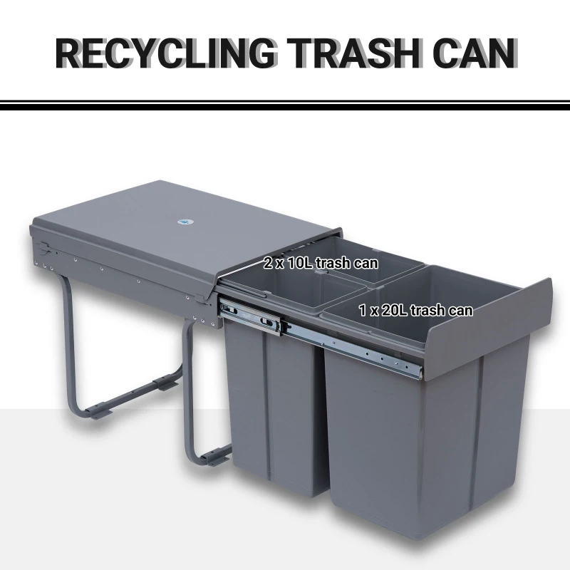 HOMCOM Pull Out Trash Can Under Cabinet, 10.6 Gallon (40L) Slide Out Garbage Can with 3 Removable Compartments, Grey